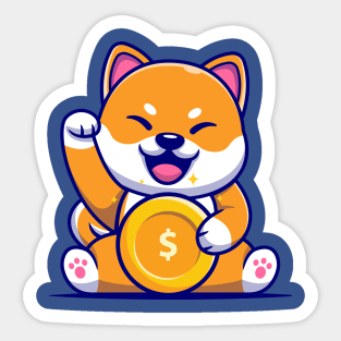 Cute Shiba Inu Dog With Gold Coin Cartoon Sticker